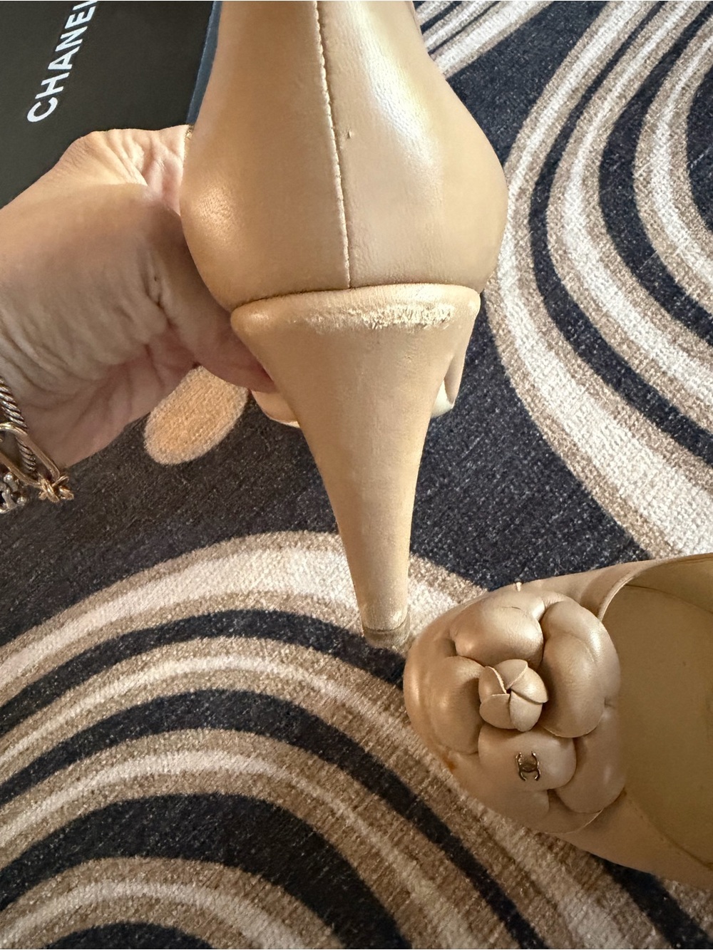 CHANEL Beige Leather Camellia Pump Heels - Picture 6 of 7